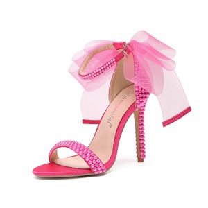 Women Hot Pearl Beaded Open Toe Stiletto Heels Tulle <b>Bow</b> Ankle Strap Sexy Sandals for Ladies Wedding Party Prom Dress Shoes - Product Image 1