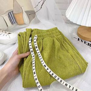 I-0524 Nuevos pantalones anchos de seda helada para mujer, pantalones largos de verano de cintura alta, ajustados, sueltos, de pierna recta, informales - Product Image 5
