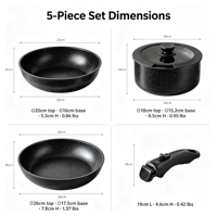 Ensemble de 5 casseroles et poêles en fonte antiadhésives sans PFOA, poignée amovible, compatible avec les cuisinières à induction et à gaz, gain de place pour la cuisine