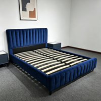Lit plateforme moderne capitonné en velours à cannelures verticales, bleu roi, avec sommier à lattes en bois massif, pour chambre à coucher (tailles King et Queen)