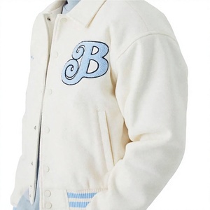 Veste varsity blanche pour homme, lettres brodées bleues, style preppy, col mandarin, coupe classique, vêtements d'hiver, 100% coton/laine - Product Image 4