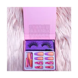 Wholesale price 3d mink vegan silk faux mink synthetic false lashes fake press on nails jelly glue cosmetic kit