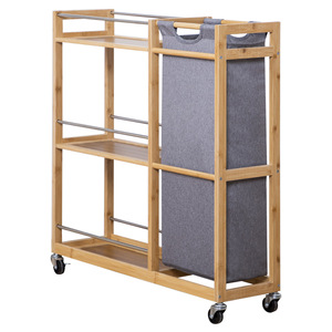 Multifunctional Storage <b>Rack</b> With Laundry Basket Bamboo Frame 3 Tier <b>Rolling</b> Cart For Bathroom Organization - Product Image 5