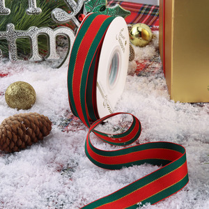LINGKAI Wholesale <b>Red</b> Green Gold Stripe Grosgrain Christmas <b>Ribbon</b> for Gift Wrapping Tree Bow Holiday Decor - Product Image 2