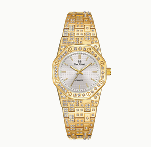 Montre de luxe pour femme en or, cadran octogonal à quartz avec strass, affichage analogique, fermoir déployant - Product Image 4