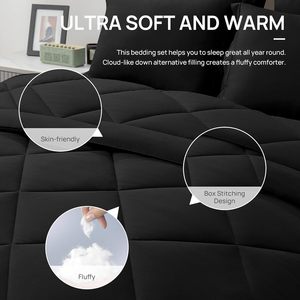 Bộ chăn bông cỡ lớn-màu đen, bộ đồ giường với 1 chăn bông, 1 tấm phẳng, 1 tấm được trang bị, 2 vỏ gối và 2 vỏ gối - Product Image 5