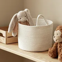 Panier de rangement rond pliable moderne en corde de coton tressée blanc uni avec poignées pour jouets, vêtements, chambre, salon, décoration intérieure