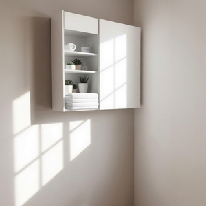 Meuble de rangement mural moderne et minimaliste en bois blanc, sans poignée, avec volets, pour articles de toilette au-dessus des toilettes - Product Image 1