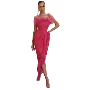 Elegant European and n fashion strapless feather bandage skirt grab pleated bare leg party dress Amazon sold all the popular sty