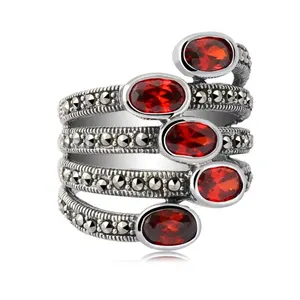 Classic 925 Thai silver marcasite inlay fashion garnet stone ring jewellery women