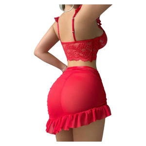 Gonna corta senza spalline in pizzo seducente Set di pizzo senza spalline con spalline intrecciate con biancheria intima - Product Image 3