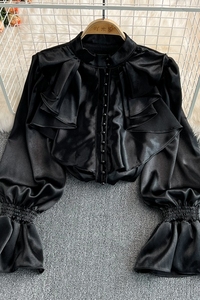 宫廷风格复古气质喇叭裤立领衬衫醋酸缎衬衫宽松合身上衣 - Product Image 6
