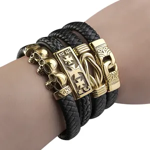 Thép không gỉ Clasp đồ trang sức của nam giới phụ kiện da đen Vòng đeo tay cửa hàng bán buôn