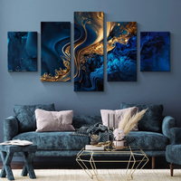Toile murale en 5 parties avec motifs abstraits fluides de fumée bleu or nordique, impressions multi-panneaux encadrées, décoration de maison moderne de luxe