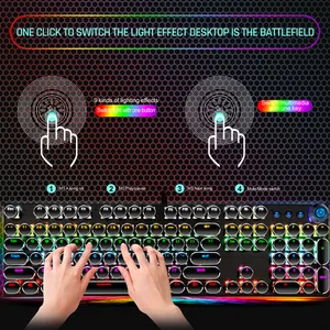 Gaya PUNK Topi Kunci Putih Logam RGB Warna Campuran Lampu Belakang Efek Mekanik Hitam Persegi Keyboard untuk Kantor Bisnis
