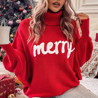 Pull en maille à col roulé pour femme, motif Joyeux Noël, en stock, faible MOQ, vente en gros, pull chaud pour les fêtes d'hiver, Black Friday