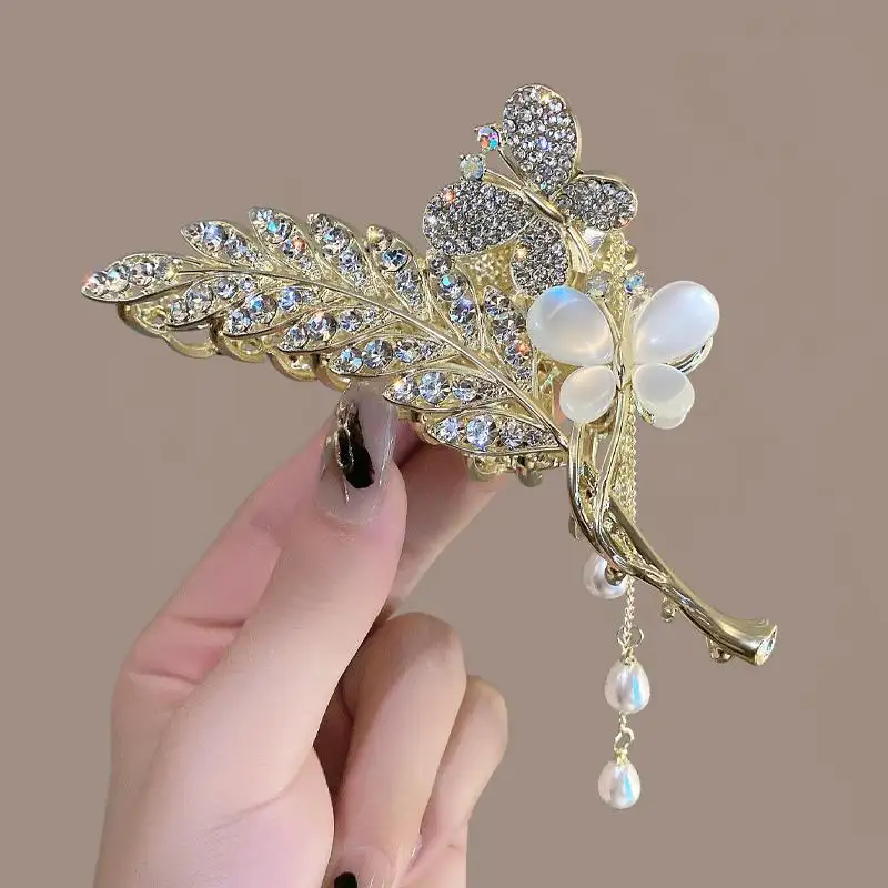 Trendy Elegant Gold Plated Flower Pearl Quaste Haars pangen Klaue Zubehör Frauen Shiny Diamond Crystal Flower Hair Claws