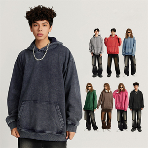 Sweats à capuche en molleton vierge surdimensionné à logo personnalisé sans ficelle broderie poids lourd vêtements de rue sweats à capuche pour hommes lavage à l'acide uni - Product Image 1