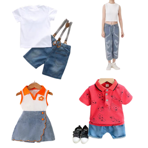 Nouvelles tenues d'été pour filles et garçons, vêtements pour enfants, ensembles de vêtements en coton pour enfants avec t-shirt, short en jean, pantalon - Product Image 2