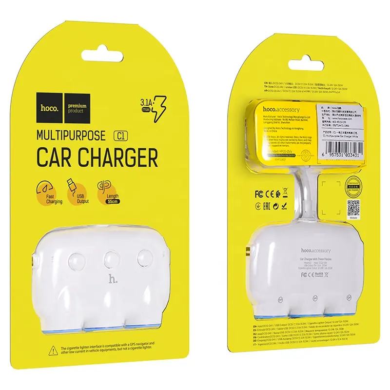 HOCO C1 3in1 Car charger ABS + PC 55CM Smart balance USB charging adaptor mobile travel multi-port adapter safe fast charge