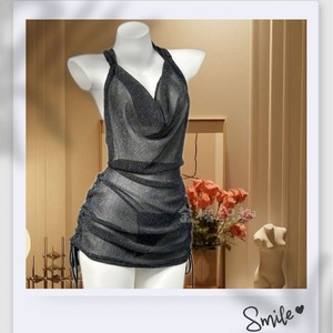 Vestido de lencería sexy para mujer, para banquete nocturno, negro, con aberturas, tela de jersey, pliegues laterales ajustables, talla grande - Product Image 5