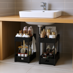 Organisateur de placard coulissant à 2 niveaux pour rangement sous évier, cuisine et salle de bain, minimaliste noir, profondeur 8-11,9 pouces - Product Image 2