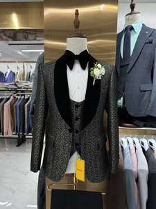 Châle O col hommes Slim Fit brillant affaires <span class=keywords><strong>3</strong></span> <span class=keywords><strong>pièces</strong></span> brillant <span class=keywords><strong>bleu</strong></span> un bouton smoking hommes costumes de mariage MSS725 - Product Image 3