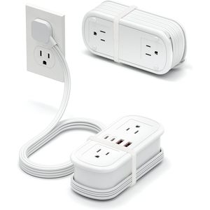 Multiprise de voyage avec cordon enroulable de 1,5 m, 4 prises CA, 4 ports USB, fiche plate, essentiels pour croisière, blanc - Product Image 1