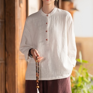 Chemisier Pullover Femme Printemps-Été en Coton et Lin à Col Montant, Blocs de Couleurs et Boutons Plats – Tendance Mode - Product Image 3