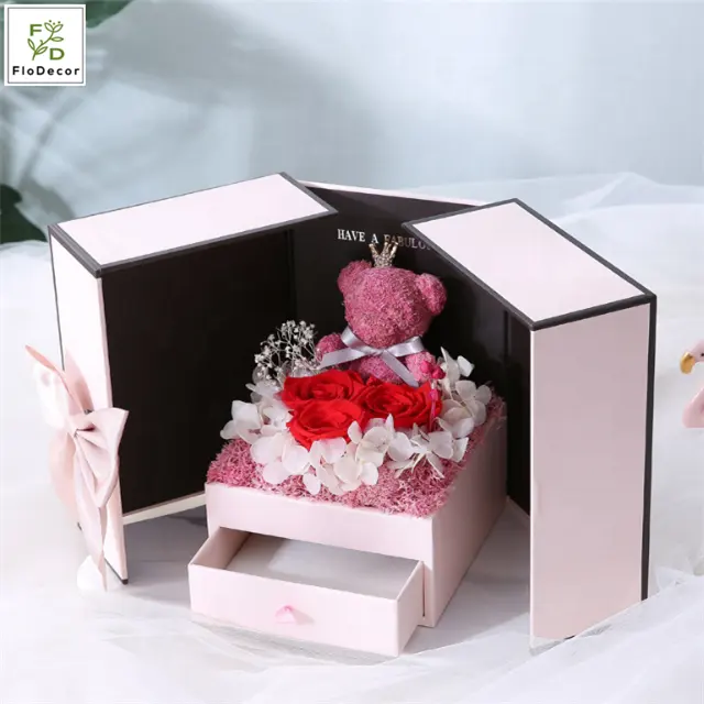 Preserved Rose Flower Bear Love Gift Box Set for Valentine's Day Mother's Day Birthday Wedding with Jewelry Drawer