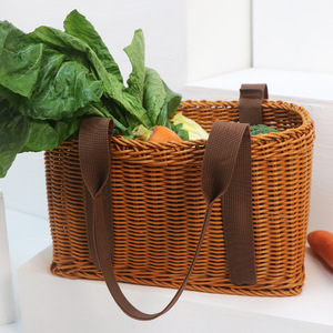 Cesta de compras de plástico tejida de ratán con 2 asas, fácil de transportar, cesta de almacenamiento portátil para uso en supermercados y campamentos - Product Image 3