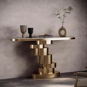 Modern Marble <b>Console</b> <b>Table</b> Oval Shape <b>Gold</b> Base Living Room Entryway Decor - Product Image 4