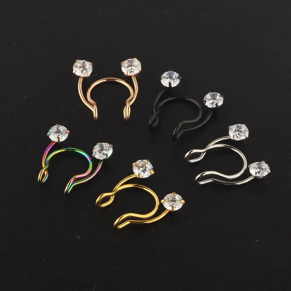 The new stainless steel antlers zircon nose rings false puncture manufacturer sales dangling zircon nose rings