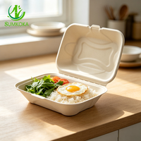 Boîte à clapet SUMKOKA 9*6 pouces à 1 compartiment en bagasse de canne à sucre, compostable, biodégradable, pour plats à emporter, compatible micro-ondes