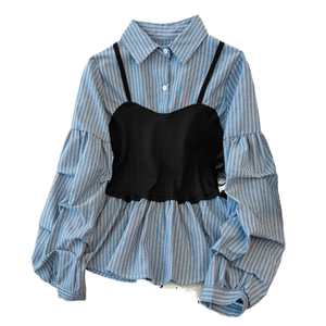 Camisa de Mujer a Rayas de Manga Larga con Botones, Top con Inserciones Negras, Mangas Abullonadas con Volantes, Corte Holgado Informal para Todas las Temporadas - Product Image 1