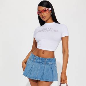 Camiseta Blanca de Verano A1447 con Letras y Diamantes de Imitación, Sexy y Linda, de Manga Corta, Ajustada, Tejida, Estilo Crop Top, Casual, para Usar en la Calle - Product Image 4