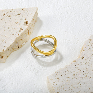 Geometric Two Tone Stainless Steel Open <b>Rings</b> 18k Gold Plated Unisex Fashion Jewelry Gift - Product Image 4
