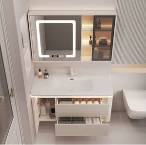 Mueble de Baño Moderno de Madera Suspendido en la Pared, Color <span class=keywords><strong>Blanco</strong></span> Crema, de 70-120 cm, con Lavabo de Cerámica Integrado y Espejo con Gabinete LED Inteligente - Product Image 4