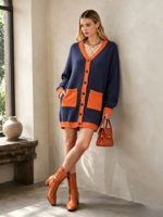 Cardigan en tricot élégant pour femme, style vintage, color block, respirant, col en V, boutonné, coupe oversize, long, avec poches, personnalisable