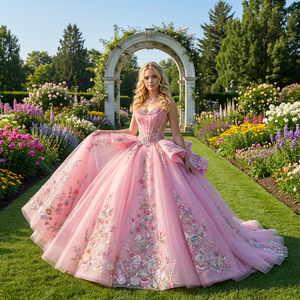 Robe de Quinceañera Dy6933 à Paillettes et Perles, Motifs Floraux Naturels, Dentelle Florale 3D, Traîne Chapelle, Longueur Ras du Sol, Robe de Soirée Formelle de Princesse - Product Image 1