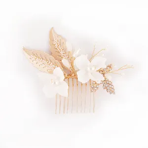 2022 Fashion Handmade Bridal Hair Jewelry Accessories Wedding Gold Leaves Ceramics Flowers Hair Comb For Women