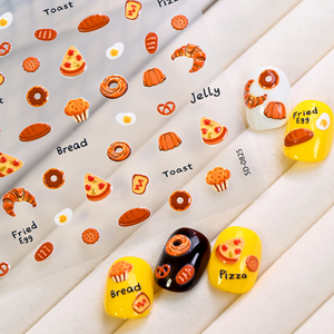 Autocollants 5D en relief pour ongles, motifs pain et pizza, autocollants adhésifs pour ongles avec croissants, toasts et œufs frits, pour nail art - Product Image 3