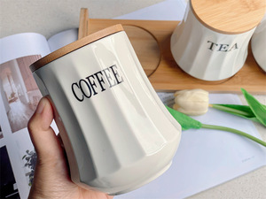 OEM ODM Nouveaux ustensiles de cuisine créatifs de qualité alimentaire, boîte de rangement en céramique pour thé, café, sucre avec couvercle en bambou, logo personnalisé, vente en gros - Product Image 3