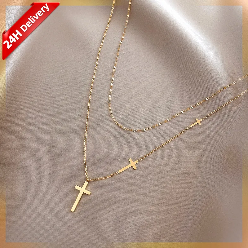 HOVANCI high fashion gold jewelry 18k gold filled china wholesale stainless steel waterproof multilayer cross necklace for women