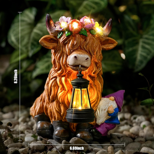 Vache <span class=keywords><strong>Highland</strong></span> avec Gnome Résine Artisanat Statues de Lanterne de Jardin Drôles avec Décor de Lumière Solaire Extérieur - Product Image 5