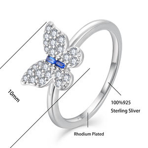 2023 nouveau produit plaqué rhodium 925 bijoux en argent bague papillon avec rectangle bleu zircon blanc rond cz - Product Image 2