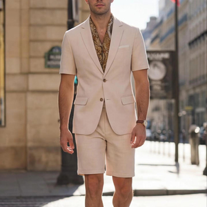 Completo Estivo da <span class=keywords><strong>Uomo</strong></span> in Misto Lino Traspirante, <span class=keywords><strong>Blazer</strong></span> a Maniche Corte e Pantaloncini, Set 2 Pezzi <span class=keywords><strong>Azzurro</strong></span>, Abito Casual Formale - Product Image 1