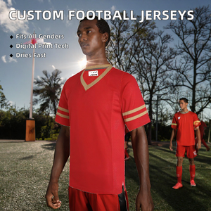Maillot de football américain personnalisé unisexe à col en V et manches courtes en mesh rouge avec bordure dorée, respirant et anti-humidité - Product Image 2