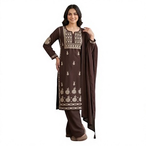 Conjunto de Kurti y Pantalón de Fiesta Elástico de Algodón Marrón Chocolate Premium con Dupatta, Elegante Salwar Kameez Recto con Bordado en el Pecho - Product Image 1