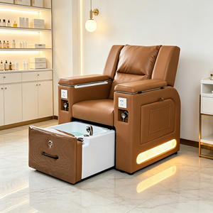 Brown Electric Reclining Pedicure Chair Built‑in Pull‑out Foot Basin With Side <b>Socket</b> LED <b>Light</b> Foot Spa Chair Beauty Salon - Product Image 1